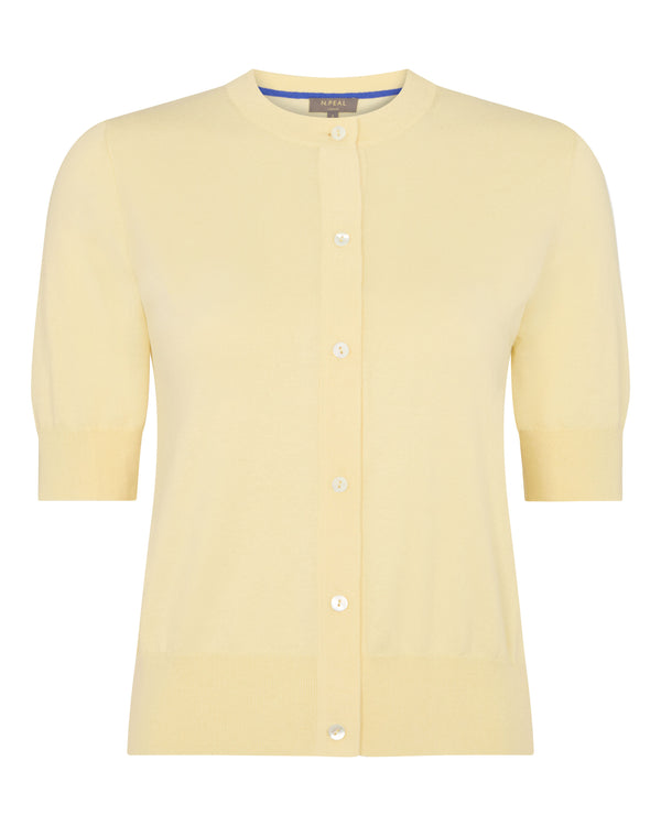 N.Peal Women's Cotton Cashmere Short Sleeve Cardigan Lemon Yellow