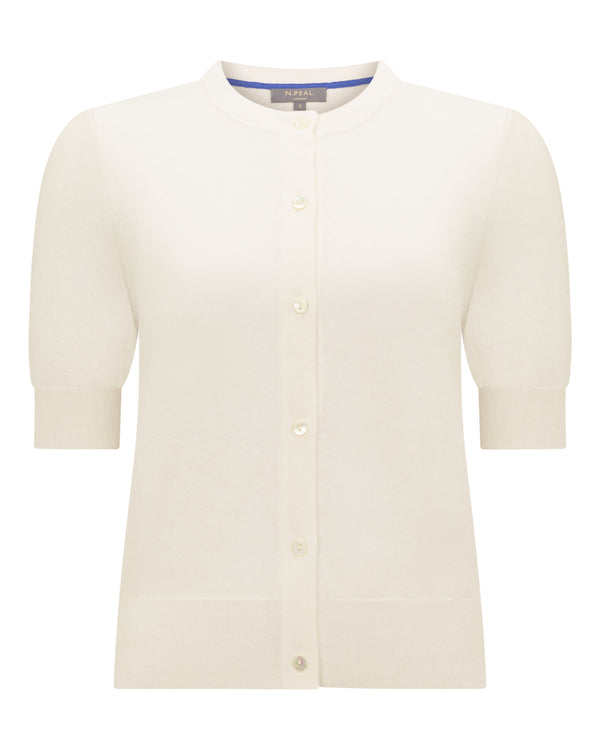 N.Peal Women's Cotton Cashmere Short Sleeve Cardigan New Ivory White