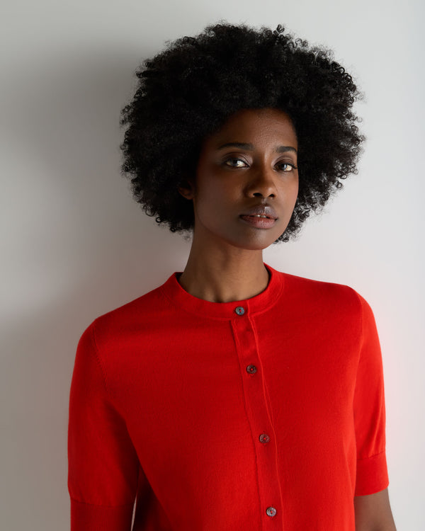 N.Peal Women's Cotton Cashmere Short Sleeve Cardigan Tomato Red
