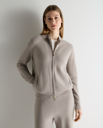 N.Peal Women's Honeycomb Full Zip Cashmere Jumper Oat Grey