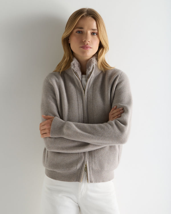 N.Peal Women's Honeycomb Cashmere Full Zip With Rex Trim Oat Grey