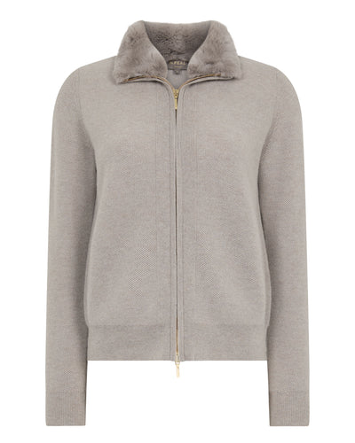 N.Peal Women's Honeycomb Cashmere Full Zip With Rex Trim Oat Grey