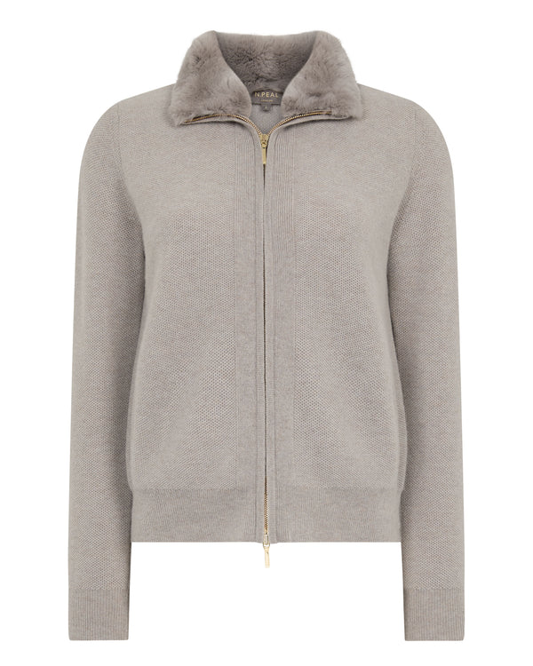 N.Peal Women's Honeycomb Cashmere Full Zip With Rex Trim Oat Grey