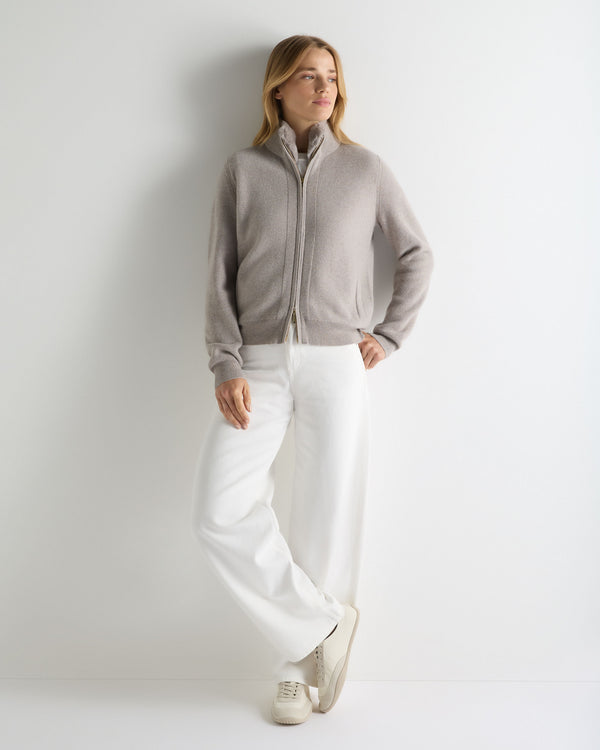 N.Peal Women's Honeycomb Cashmere Full Zip With Rex Trim Oat Grey