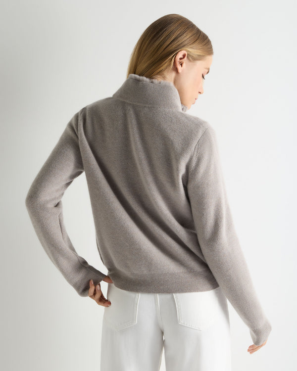 N.Peal Women's Honeycomb Cashmere Full Zip With Rex Trim Oat Grey