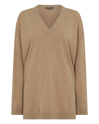 N.Peal Women's Longline V Neck Cashmere Jumper Cappuccino Brown