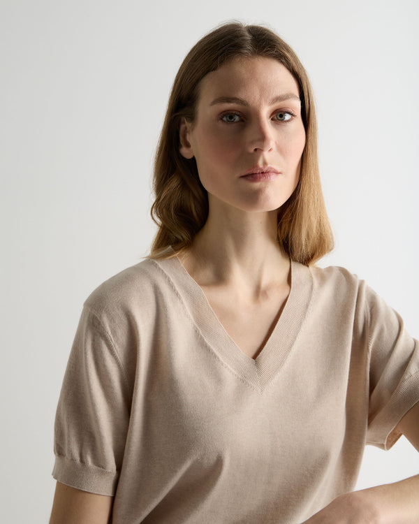 N.Peal Women's Cotton Blend V Neck Top Sandstone Brown