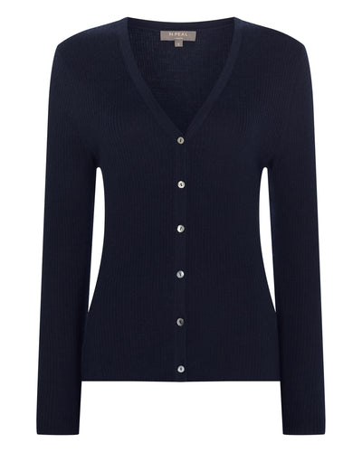 N.Peal Women's Superfine Cashmere Ribbed V Cardigan Navy Blue