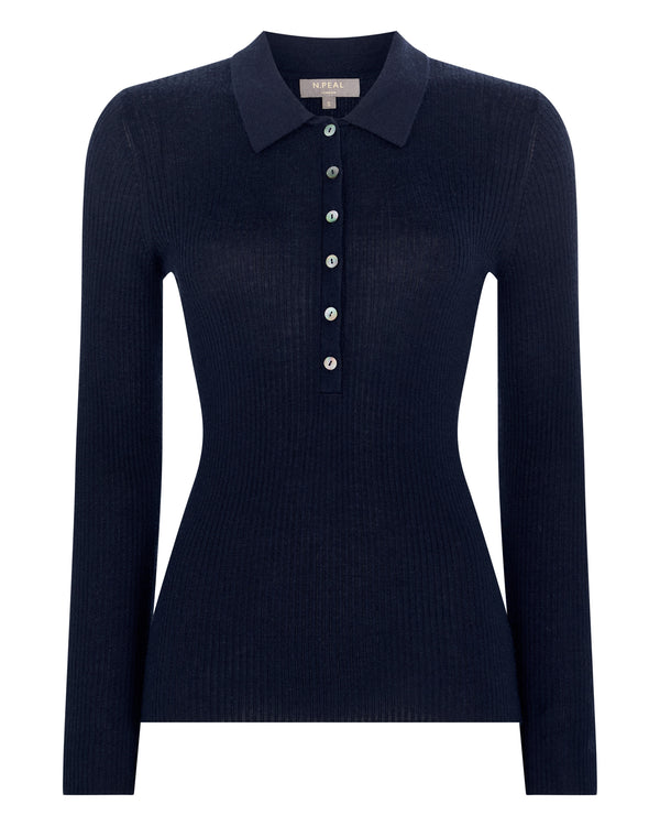 N.Peal Women's Superfine Cashmere Ribbed Polo Top Navy Blue