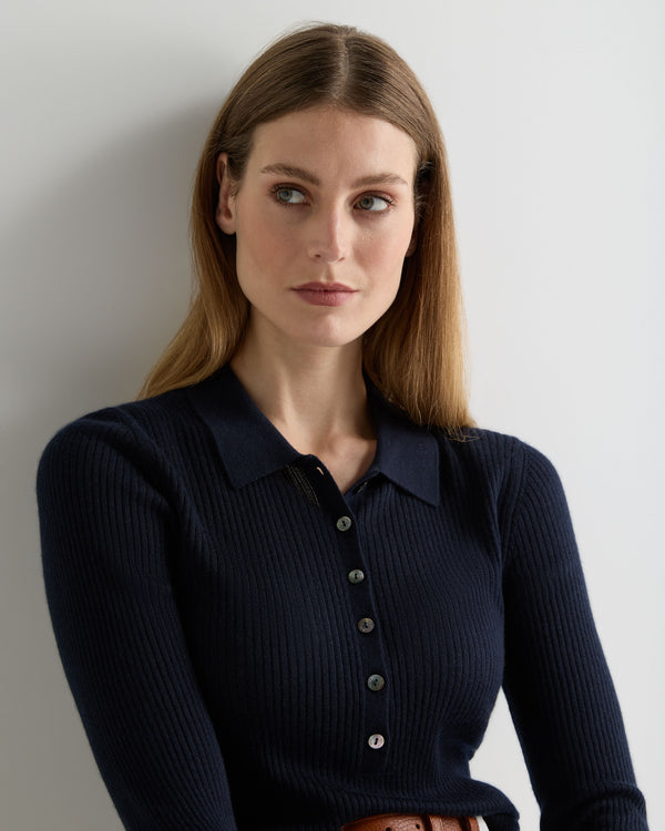 N.Peal Women's Superfine Cashmere Ribbed Polo Top Navy Blue