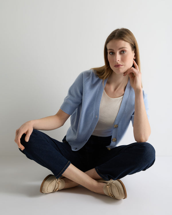 N.Peal Women's Clara V Neck Cashmere Cardigan Sea Mist Blue