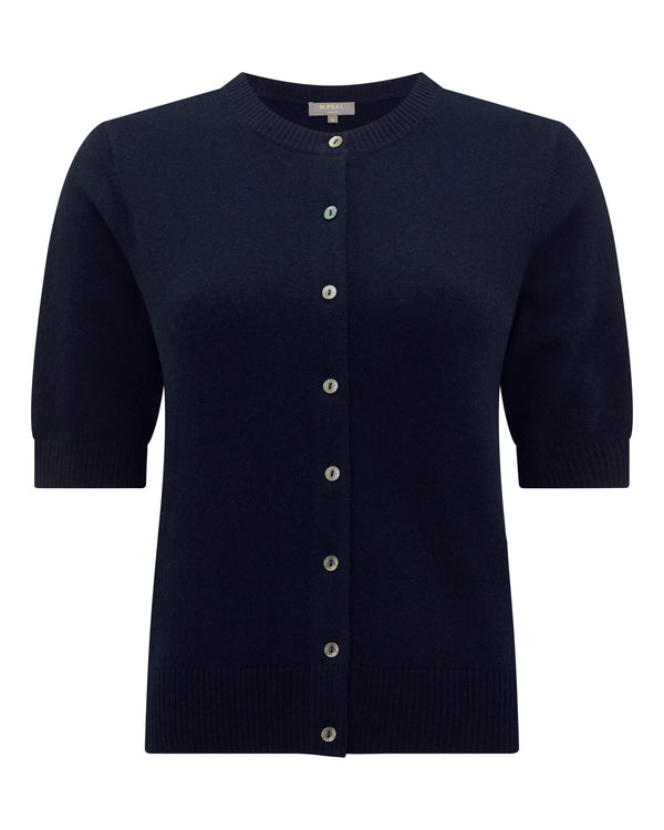 N.Peal Women's Short Sleeve Cashmere Cardigan Navy Blue