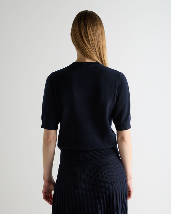 N.Peal Women's Short Sleeve Cashmere Cardigan Navy Blue