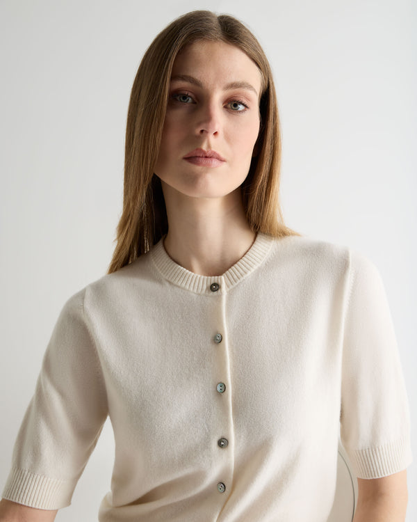 N.Peal Women's Short Sleeve Cashmere Cardigan New Ivory White