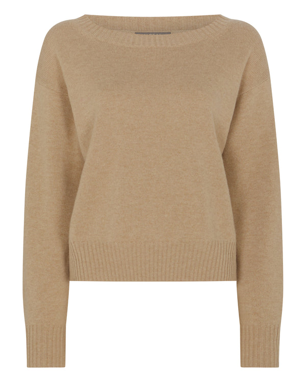 N.Peal Women's Crop Boat Neck Cashmere Jumper Cappuccino Brown