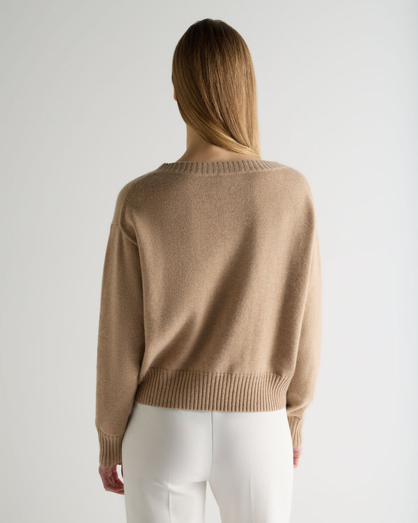 N.Peal Women's Crop Boat Neck Cashmere Jumper Cappuccino Brown