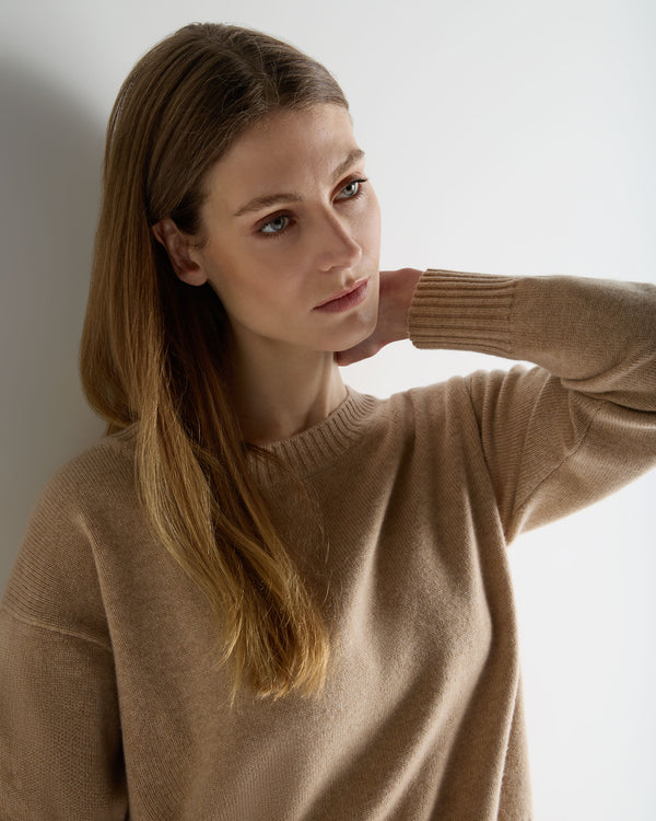 N.Peal Women's Crop Boat Neck Cashmere Jumper Cappuccino Brown