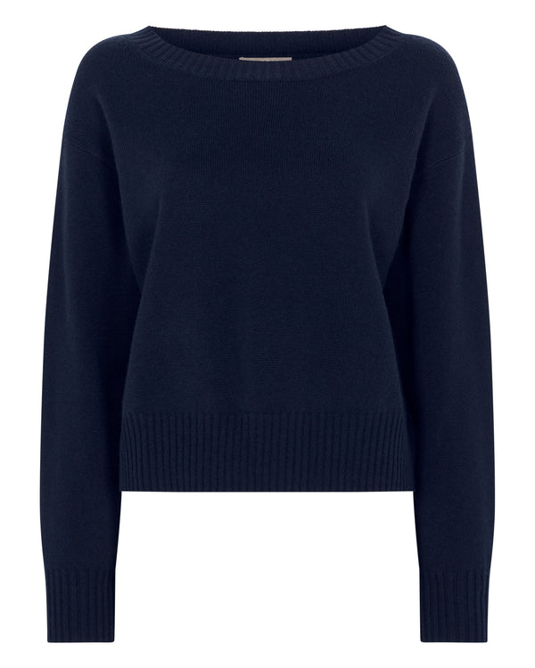 N.Peal Women's Crop Boat Neck Cashmere Jumper Navy Blue
