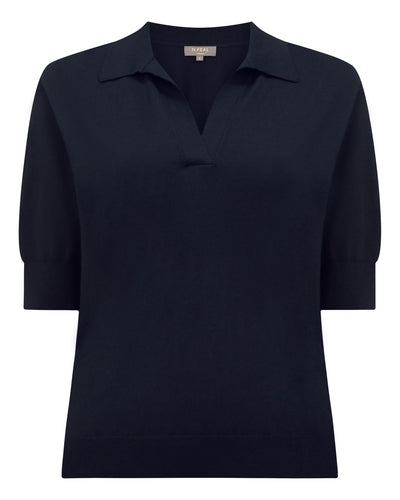 N.Peal Women's Cotton Blend Polo Top Navy Blue