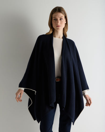 N.Peal Women's Contrast Trim Cashmere Cape Navy Blue