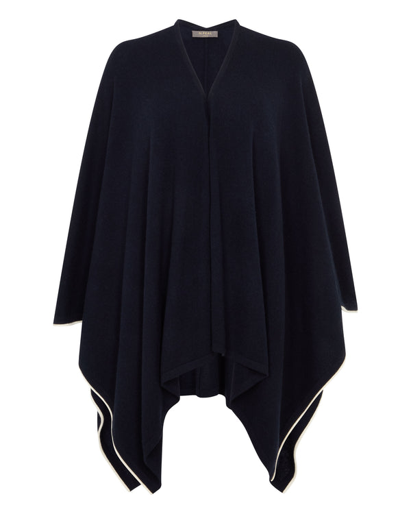 N.Peal Women's Contrast Trim Cashmere Cape Navy Blue