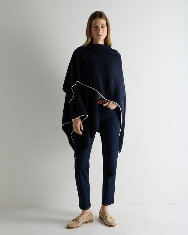 N.Peal Women's Contrast Trim Cashmere Cape Navy Blue