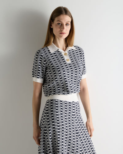 N.Peal Women's Harlow Jacquard Cotton Cashmere Polo Navy Blue