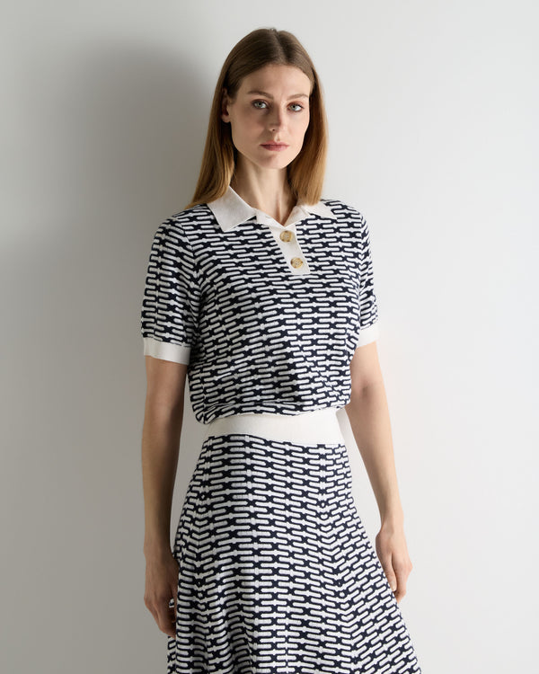 N.Peal Women's Harlow Jacquard Cotton Cashmere Polo Navy Blue