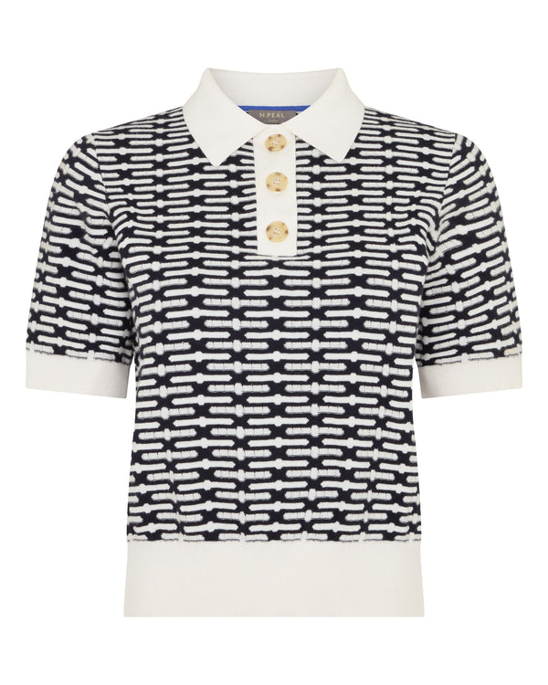 N.Peal Women's Harlow Jacquard Cotton Cashmere Polo Navy Blue