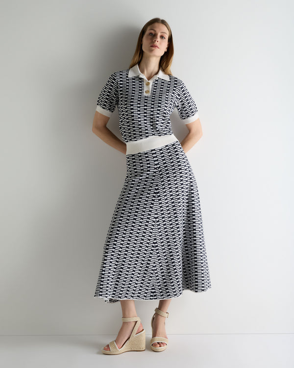 N.Peal Women's Harlow Jacquard Cotton Cashmere Polo Navy Blue