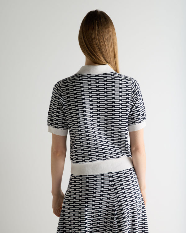 N.Peal Women's Harlow Jacquard Cotton Cashmere Polo Navy Blue