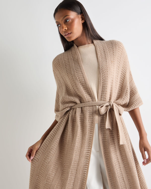 N.Peal Women's Siren Open Stitch Cashmere Cardigan Tan Brown Sparkle