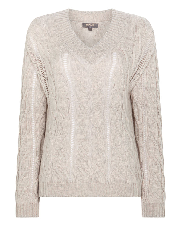 N.Peal Women's Open Cable V Neck Cashmere Jumper Pebble Grey