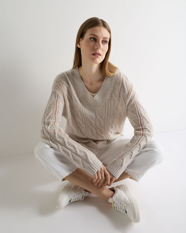 N.Peal Women's Open Cable V Neck Cashmere Jumper Pebble Grey