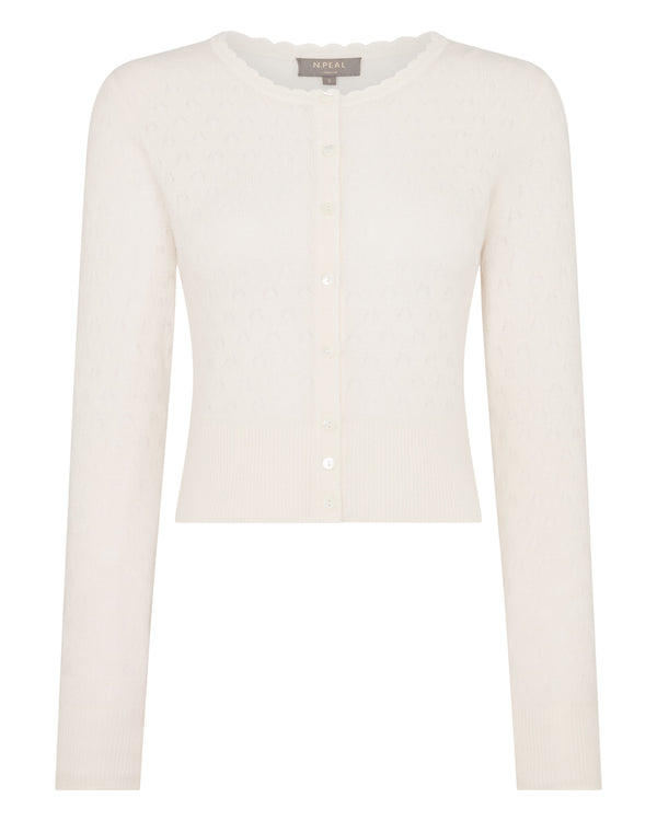 N.Peal Women's Ivy Lace Stitch Cashmere Cardigan New Ivory White Sparkle