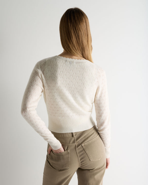 N.Peal Women's Ivy Lace Stitch Cashmere Cardigan New Ivory White Sparkle