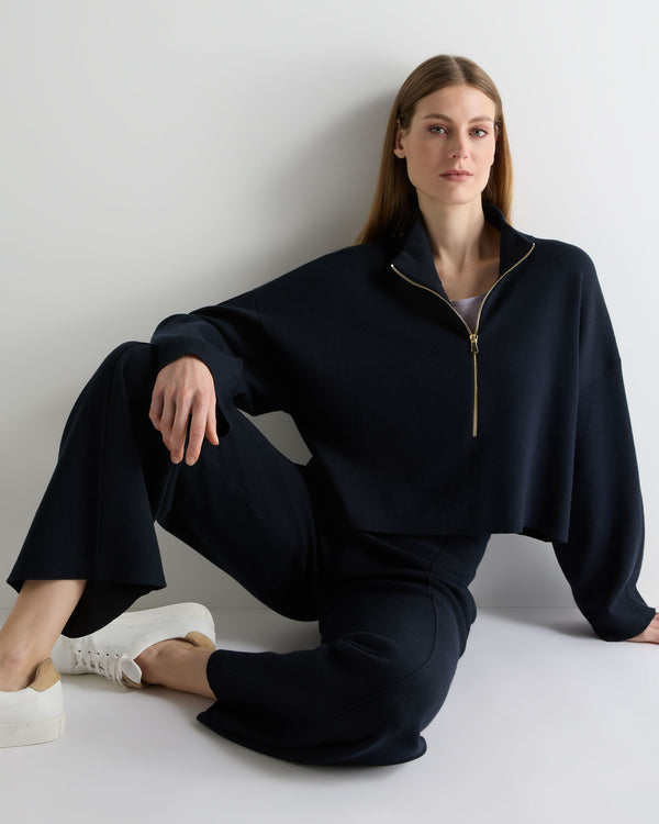 N.Peal Women's Half Zip Cotton Blend Sweatshirt Navy Blue