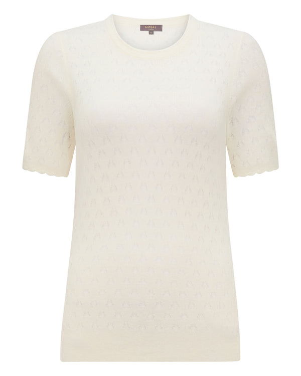 N.Peal Women's Lace Stitch Cashmere T-Shirt New Ivory White Sparkle