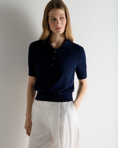 N.Peal Women's Selene Linen Blend Polo Deep French Blue
