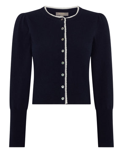 N.Peal Women's Lace Trim Cashmere Cardigan Navy Blue