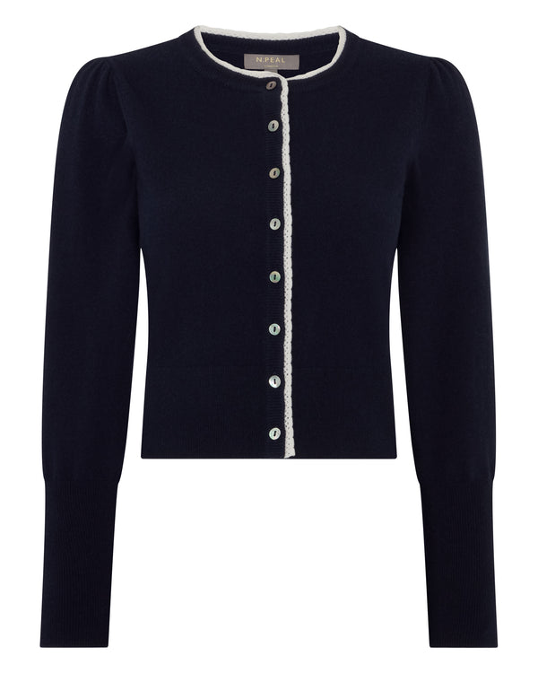 N.Peal Women's Lace Trim Cashmere Cardigan Navy Blue