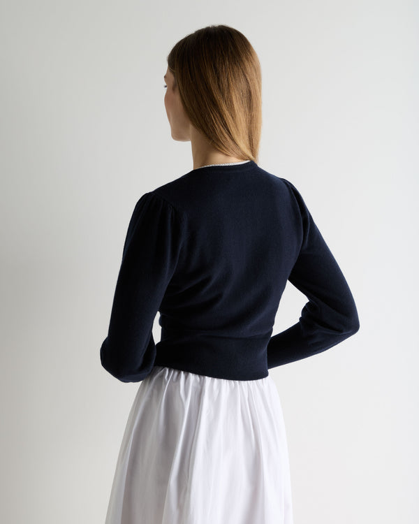 N.Peal Women's Lace Trim Cashmere Cardigan Navy Blue