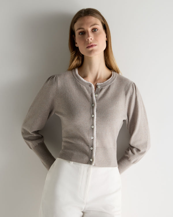 N.Peal Women's Lace Trim Cashmere Cardigan Oat Grey