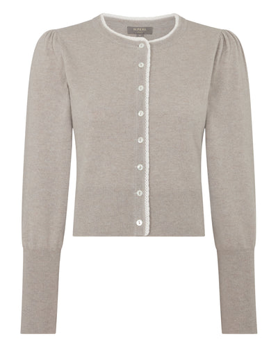 N.Peal Women's Lace Trim Cashmere Cardigan Oat Grey