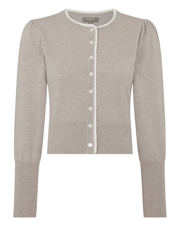 N.Peal Women's Lace Trim Cashmere Cardigan Oat Grey