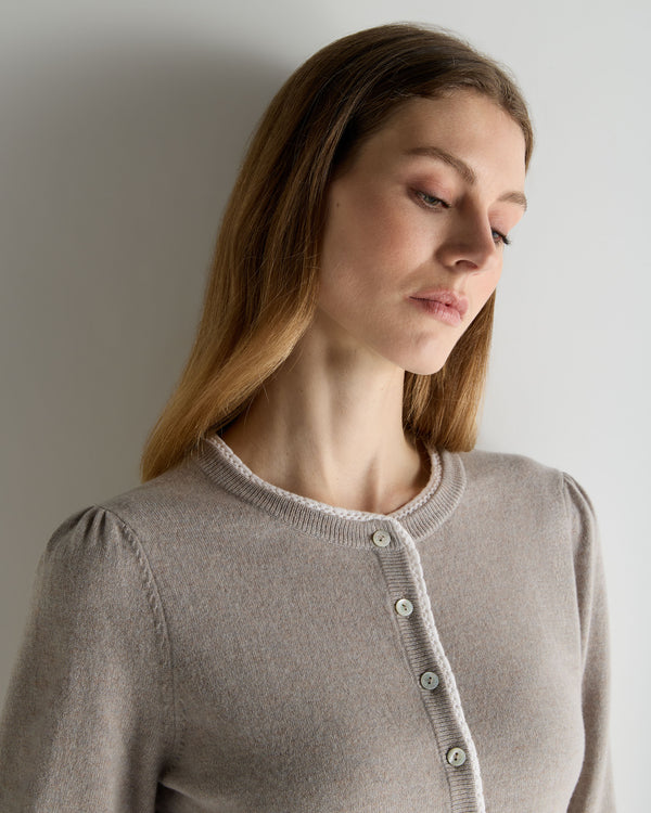 N.Peal Women's Lace Trim Cashmere Cardigan Oat Grey