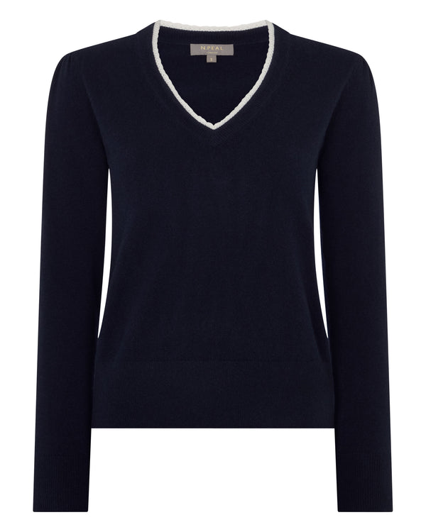 N.Peal Women's Lace Trim V Neck Cashmere Jumper Navy Blue