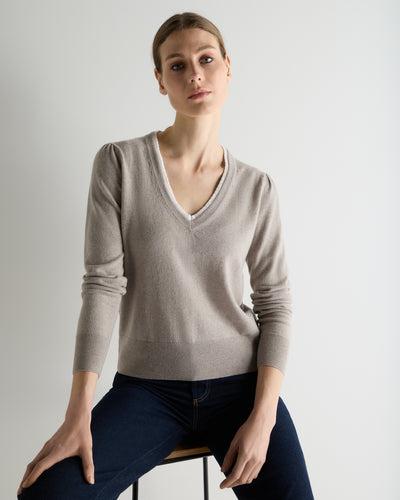 N.Peal Women's Lace Trim V Neck Cashmere Jumper Oat Grey