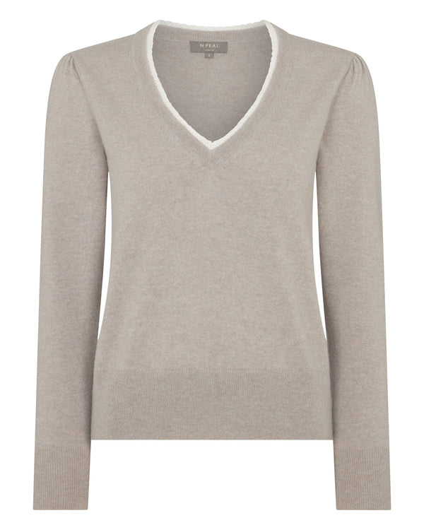 N.Peal Women's Lace Trim V Neck Cashmere Jumper Oat Grey