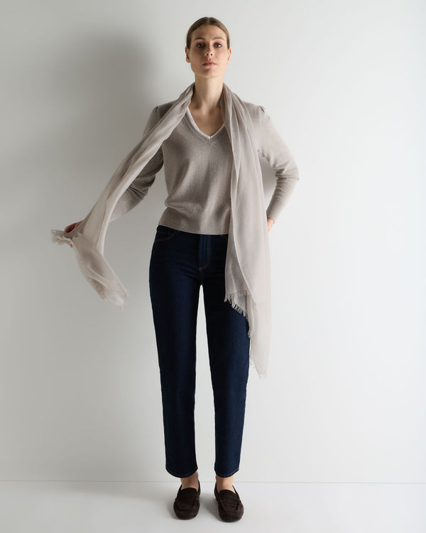 N.Peal Women's Lace Trim V Neck Cashmere Jumper Oat Grey